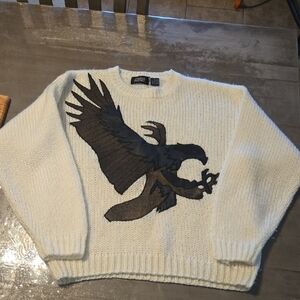 Street Scene White Sweater with Black Eagle Design